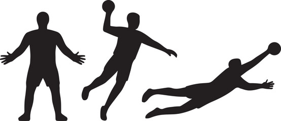 Silhouette of three handball players in action throwing, catching, and defending 