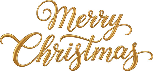 Realistic gold 3D metallic lettering for "Merry Christmas" calligraphy script, featuring smooth, elegant, swirling typography and reflections, perfect for luxurious holiday greeting cards. © Its Ariful 