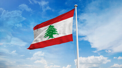 Realistic close-up of the Lebanon flag waving on a tall flagpole under a bright sky with soft scattered clouds, showing smooth wind motion, vivid colors, and a clear atmosphere of national pride.

