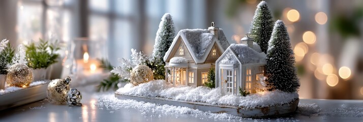 Miniature christmas village creating festive winter landscape glowing