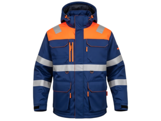 Durable blue and orange high visibility winter work jacket with reflective tape and hood for safety and warmth isolated on transparent background