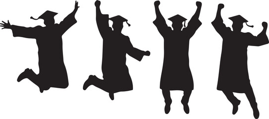 Four graduating students in silhouette jump joyfully with arms raised in celebration