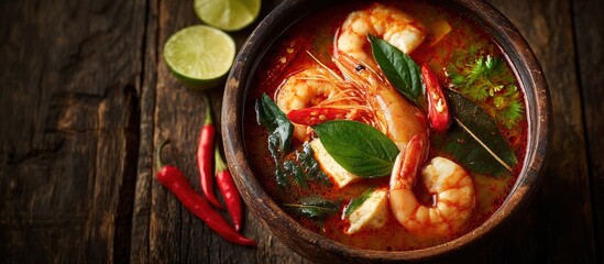 Authentic Thai Tom Yum Soup with Shrimp, Lemongrass, and Chili Peppers in Rustic Bowl on Wooden Table

