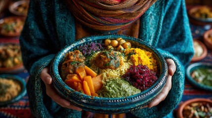 Vibrant Moroccan Cuisine in Traditional Bowl Held by Person in Colorful Attire