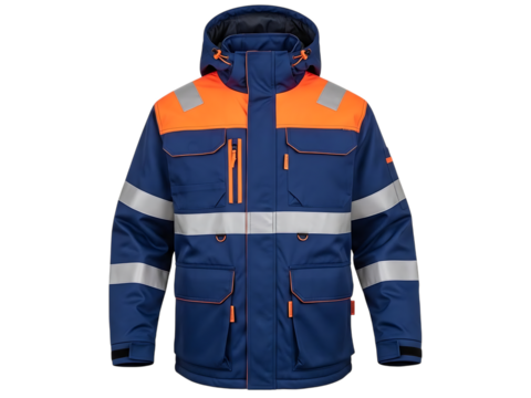 Durable blue and orange high visibility winter work jacket with reflective tape and hood for safety and warmth isolated on transparent background