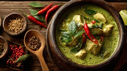 Authentic Thai Green Curry with Chicken in Rustic Bowl Garnished with Fresh Herbs and Red Chili Peppers on Wooden Table

