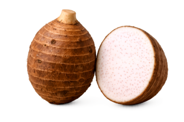 Fresh taro, both whole and cut, displayed against a clear backdrop.