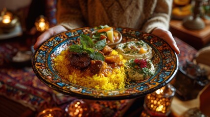 Traditional Middle Eastern Cuisine with Aromatic Rice and Flavorful Dishes on Ornate Plate in Cozy Setting