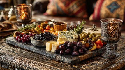 Elegant Charcuterie Board with Gourmet Cheeses, Olives, Grapes, and Herbs on Ornate Wooden Table with Candlelit Ambiance in Cozy Luxury Setting