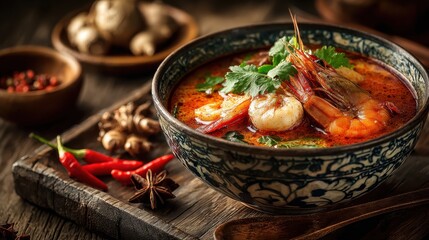 Authentic Thai Tom Yum Soup with Shrimp in Traditional Bowl on Rustic Wooden Table with Fresh Herbs and Spices