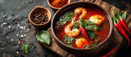 Delicious Spicy Thai Tom Yum Soup with Shrimp and Fresh Herbs on Rustic Wooden Table