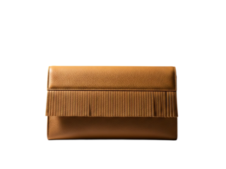 Stylish metallic bronze leather clutch bag with fringe detail, isolated on transparent background
