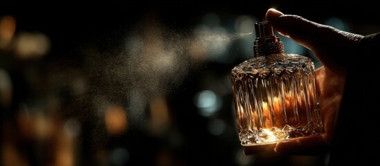 Elegant Glass Perfume Bottle with Spritz Mist Against Dark Background Capturing Luxury and Sophistication