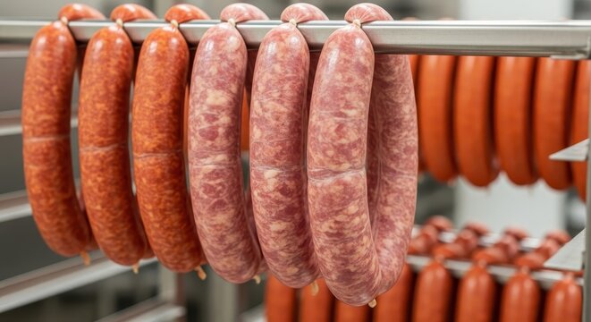 Fresh sausages hanging on a metal rack inside a butcher shop