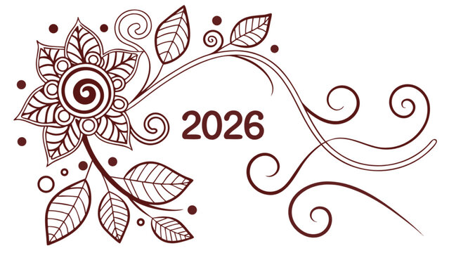 Floral design with leaves swirls and dots including the year two thousand and twenty six in the center