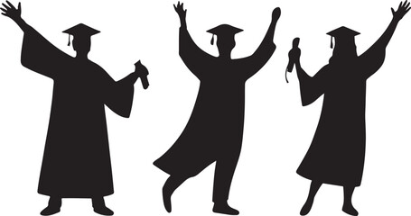 Three silhouetted graduates in caps and gowns celebrate their academic achievement