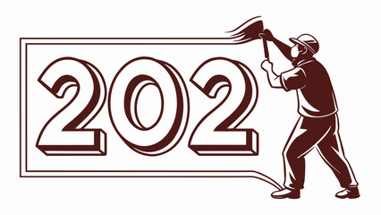 Fototapeta premium Illustration of a worker painting the number 202 with a brush in a retro style design element