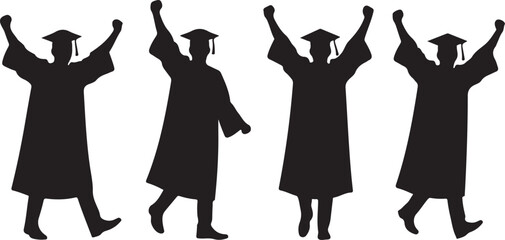 Four graduating students in silhouette with arms raised celebrating on a white background
