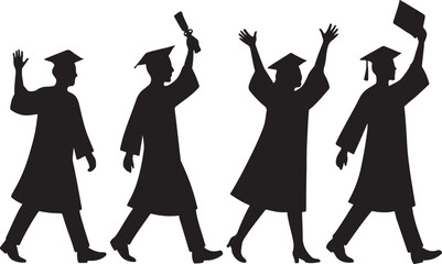 Graduation silhouettes of students in caps and gowns celebrating with diplomas raised.