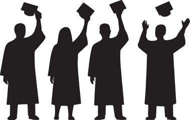 Graduation silhouette of four students throwing caps in the air with excitement