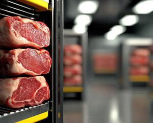 Fresh raw beef steak stacked on metal racks in refrigerated butcher display evoking appetite and premium quality