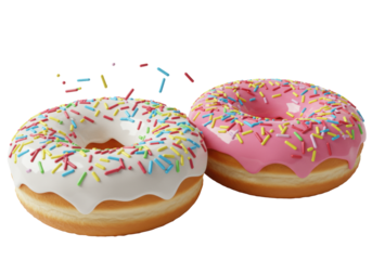 Two fresh ring donuts: white-iced with floating colorful sprinkles, pink-iced with vibrant sprinkles. Macro shot against transparent background, copy space. Appetizing dessert concept
