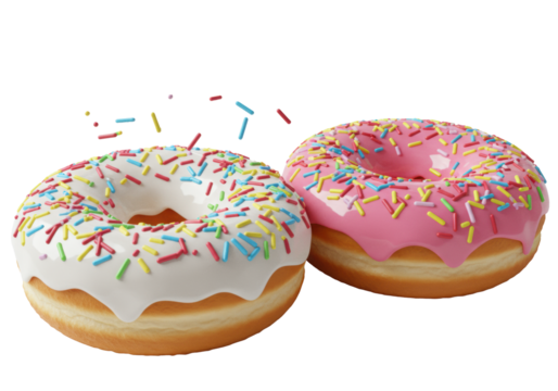 Two fresh ring donuts: white-iced with floating colorful sprinkles, pink-iced with vibrant sprinkles. Macro shot against transparent background, copy space. Appetizing dessert concept