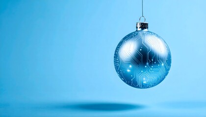 Bola navideña azul con diseño tecnológico sobre fondo azul minimalista