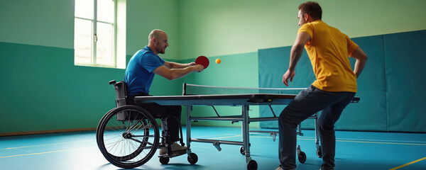 Man in wheelchair plays table tennis with coach. Athlete hits ball with racket during game. Players compete in indoor sport hall. Sportsman trains for championship. Motivation and active life.