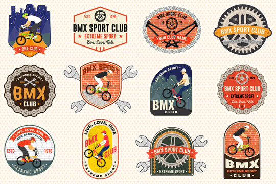 Set of Bmx extreme sport club patch, sticker. Vector illustration. Concept for shirt or logo, print, stamp or tee. Vintage typography design with man ride on a sport bicycle bmx silhouette.