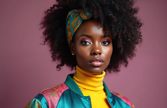 Retro portrait of black woman in eighties style. Girl wears vibrant makeup, cool headscarf and jacket. Fashionable model poses in studio. Generative AI image for beauty or style magazine.