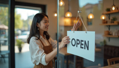 Young Asian woman places OPEN sign on cafe glass door. Small business owner smiles, ready to welcome guests inside. Shop reopens for business, new start for proud entrepreneur. Girl proudly opens