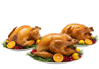 Three perfectly roasted golden-brown turkeys, garnished with rosemary, cranberries, oranges, and lemons, on white platters against a transparent background. Festive gourmet celebration concept