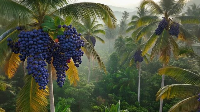 Aerial drone dolly-in acai palm groves dawn haze