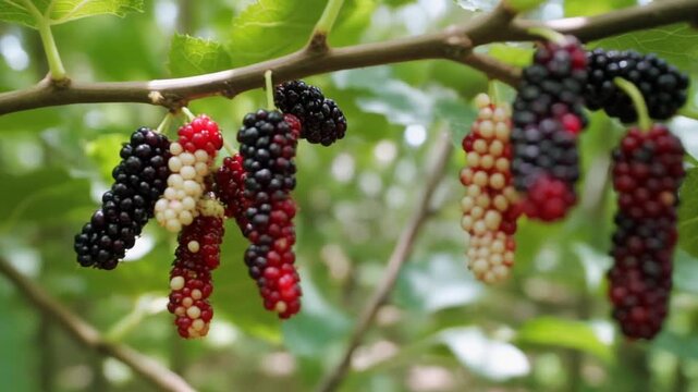 Aerial drone dolly-in mulberry trees dappled light