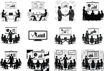 Black silhouette business meeting and teamwork presentation in office, corporate strategy planning, leadership discussion, communication and success concept vector illustration