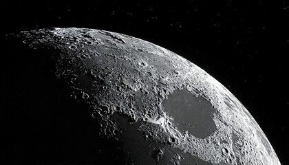 High-contrast lunar surface detail against starry black sky, emphasizing craters and texture in monochrome