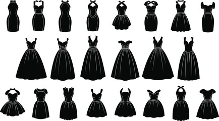 Elegant collection of retro fashion dress silhouette vector illustrations featuring vintage outfits, feminine clothing designs, and classic garment styles for apparel branding projects