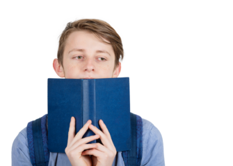 Puzzled student covering half face with an open book. Difficult task to solve, discontent guy looking lost aside. Dissatisfied expression, feels strained and exhausted of constant learning