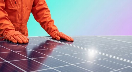Person in orange glove examining solar panel surface outdoors