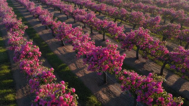 Aerial drone dolly-in boysenberry vines morning light