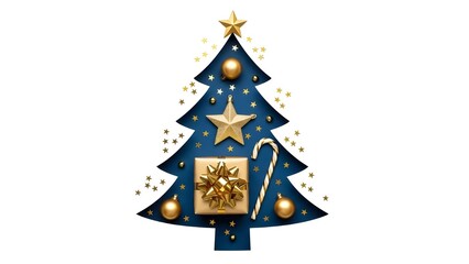 Stylized Christmas Tree with Golden Ornaments, Gift Box, and Confetti on Neutral Background