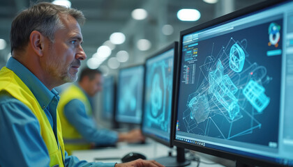 Middle aged engineer uses computer aided design software to create 3D models of heavy industry machine parts. Professionals work in modern factory tech research center.