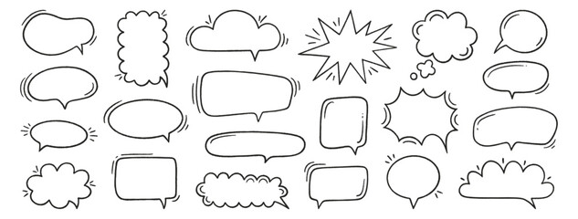 Obraz premium Crayon speech bubble set. Chat talk boxes. Line art chalk hand drawn frames. Kid doodle dialogue balloon cloud. Pencil drawing, black thought elements on white background. Vector illustration