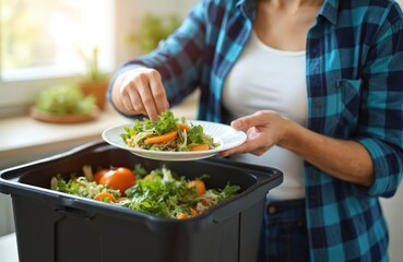 Woman puts food scraps into compost bin. Recycles organic waste to create fertilizer. Eco-friendly action supports sustainable living at home. Person manages kitchen bio trash, reducing waste