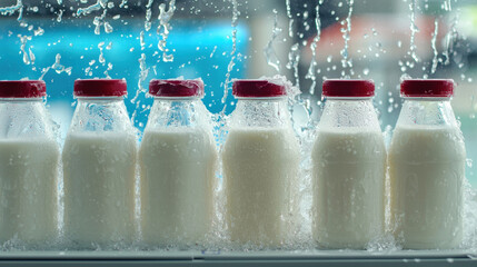 Milk bottle lineup on wet glass window with water droplets and cool natural light, refreshing dairy still life with red cap accents