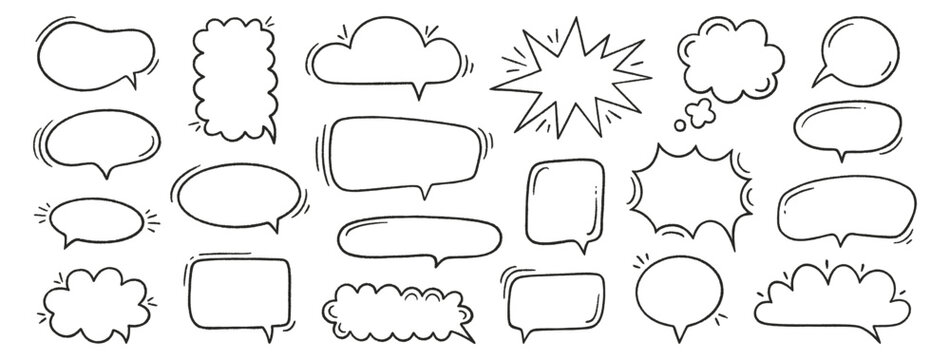 Crayon speech bubble set. Chat talk boxes. Line art chalk hand drawn frames. Kid doodle dialogue balloon cloud. Pencil drawing, black thought elements on white background. Vector illustration