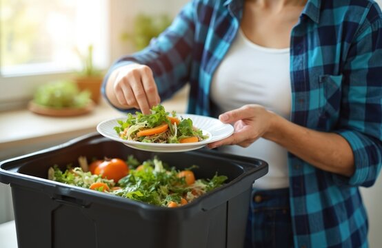 Woman puts food scraps into compost bin. Recycles organic waste to create fertilizer. Eco-friendly action supports sustainable living at home. Person manages kitchen bio trash, reducing waste