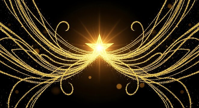 Abstract golden star burst with sparkling light trails and elegant swirling lines on a dark black background, perfect for celebration or award design - Powered by Adobe