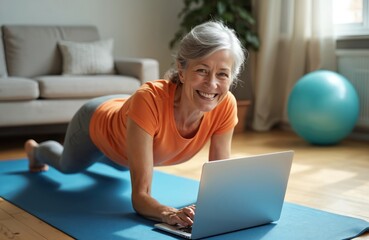Elderly woman in side plank position on yoga mat follows workout on laptop. She smiles while training at home with a fitness ball nearby. She stays active indoors.